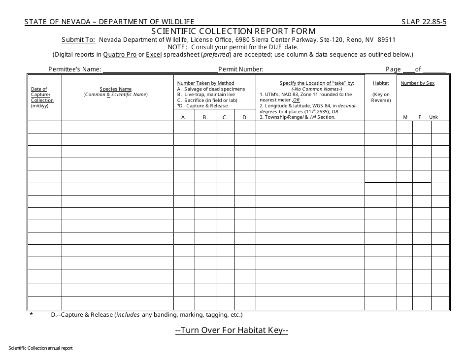 Form SLAP22.85-5 Scientific Collection Report Form - Nevada, Page 1