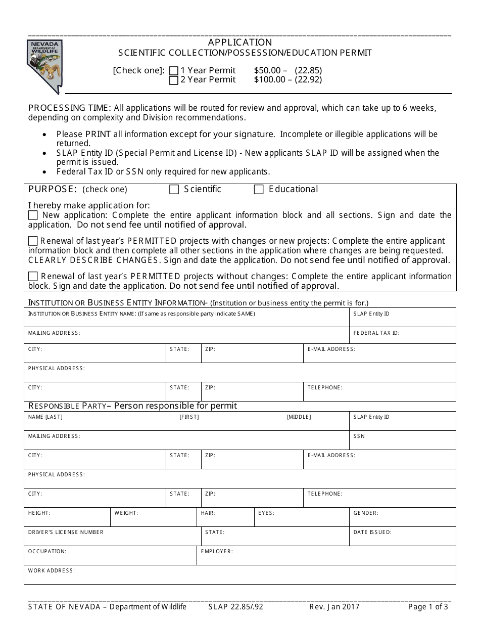 Form SLAP22.85 / .92 Application for Scientific Collection / Possession / Education Permit - Nevada, Page 1