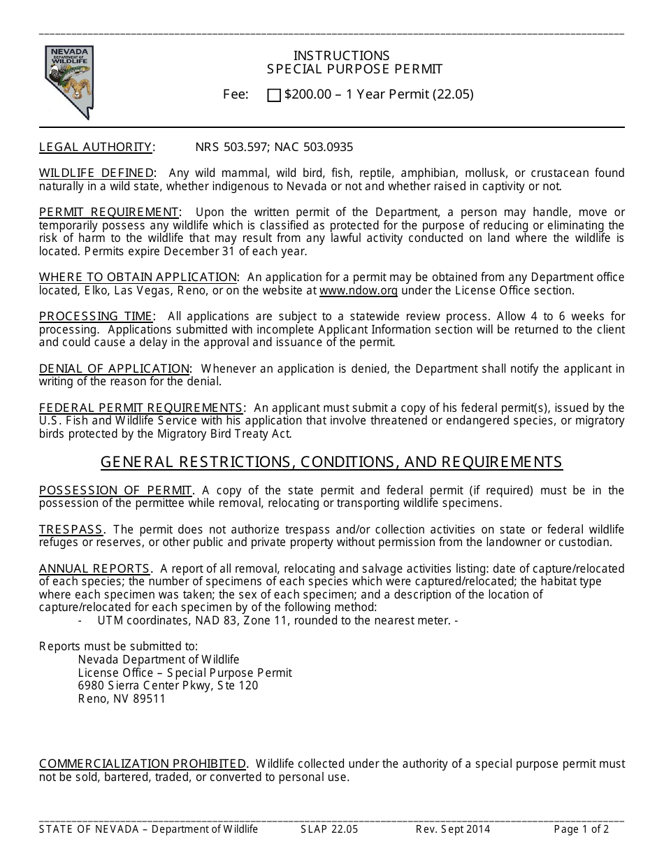 Instructions for Form SLAP22.05 Special Purpose Permit - Nevada, Page 1
