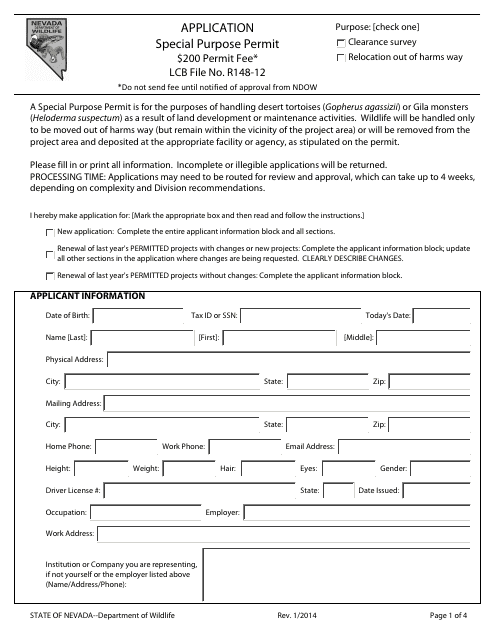 Special Purpose Permit Application Form - Nevada