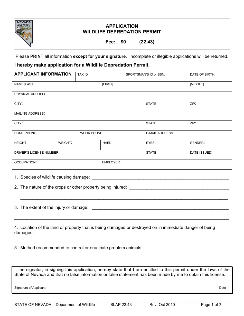 Form SLAP22.43 Wildlife Depredation Permit Application Form - Nevada, Page 1