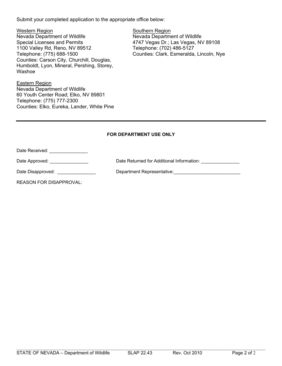 Form SLAP22.43 Wildlife Depredation Permit Application Form - Nevada, Page 2