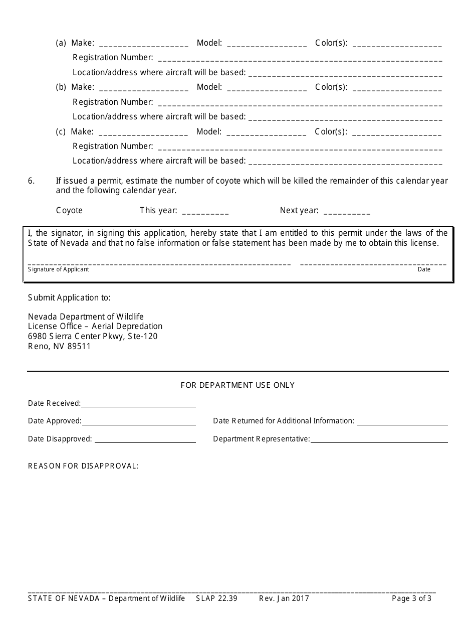Form SLAP22.39 Aerial Depredation Permit Application - Nevada, Page 3