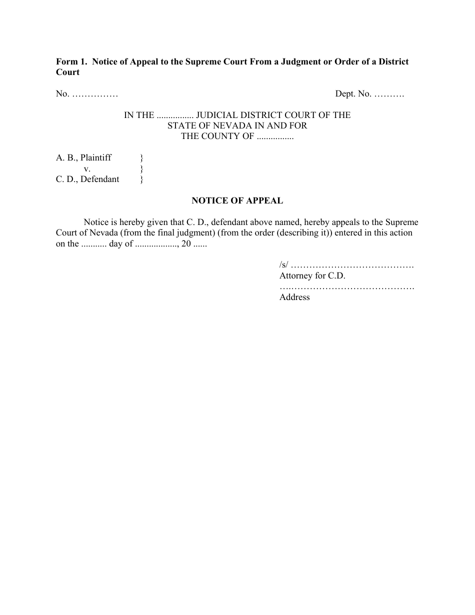 Form 1 Notice of Appeal to the Supreme Court From a Judgment or Order of a District Court - Nevada, Page 1