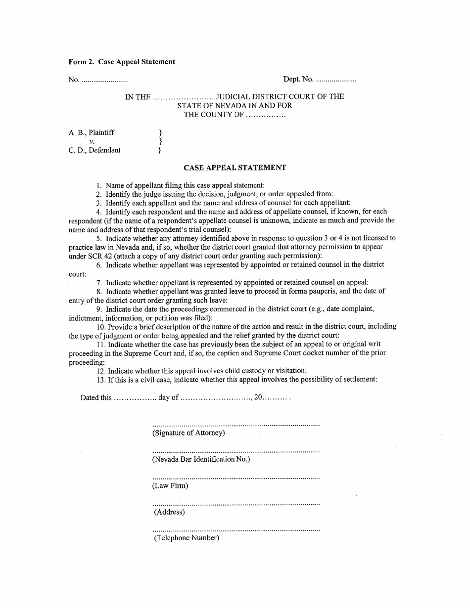 Form 2 Case Appeal Statement - Nevada, Page 1