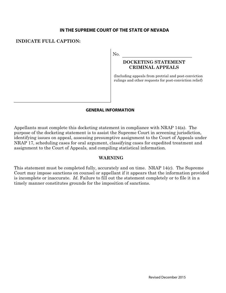 Docketing Statement Form - Criminal Appeals - Nevada, Page 1
