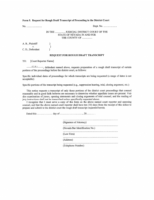 Form 5 Request for Rough Draft Transcript of Proceeding in District Court - Nevada
