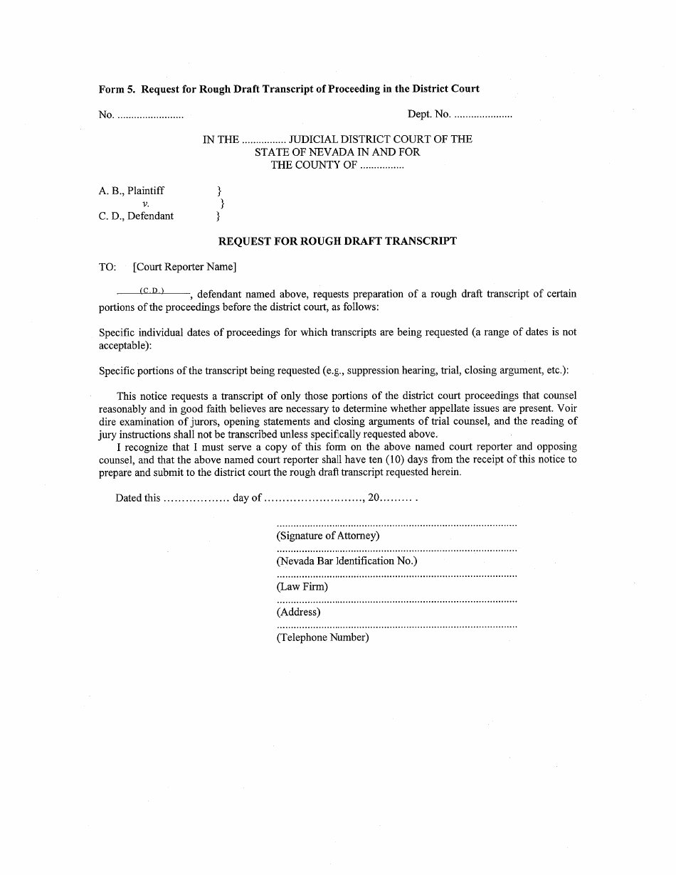 Form 5 Request for Rough Draft Transcript of Proceeding in District Court - Nevada, Page 1