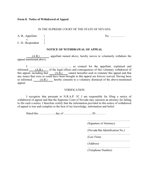 Form 8 Notice of Withdrawal of Appeal - Nevada