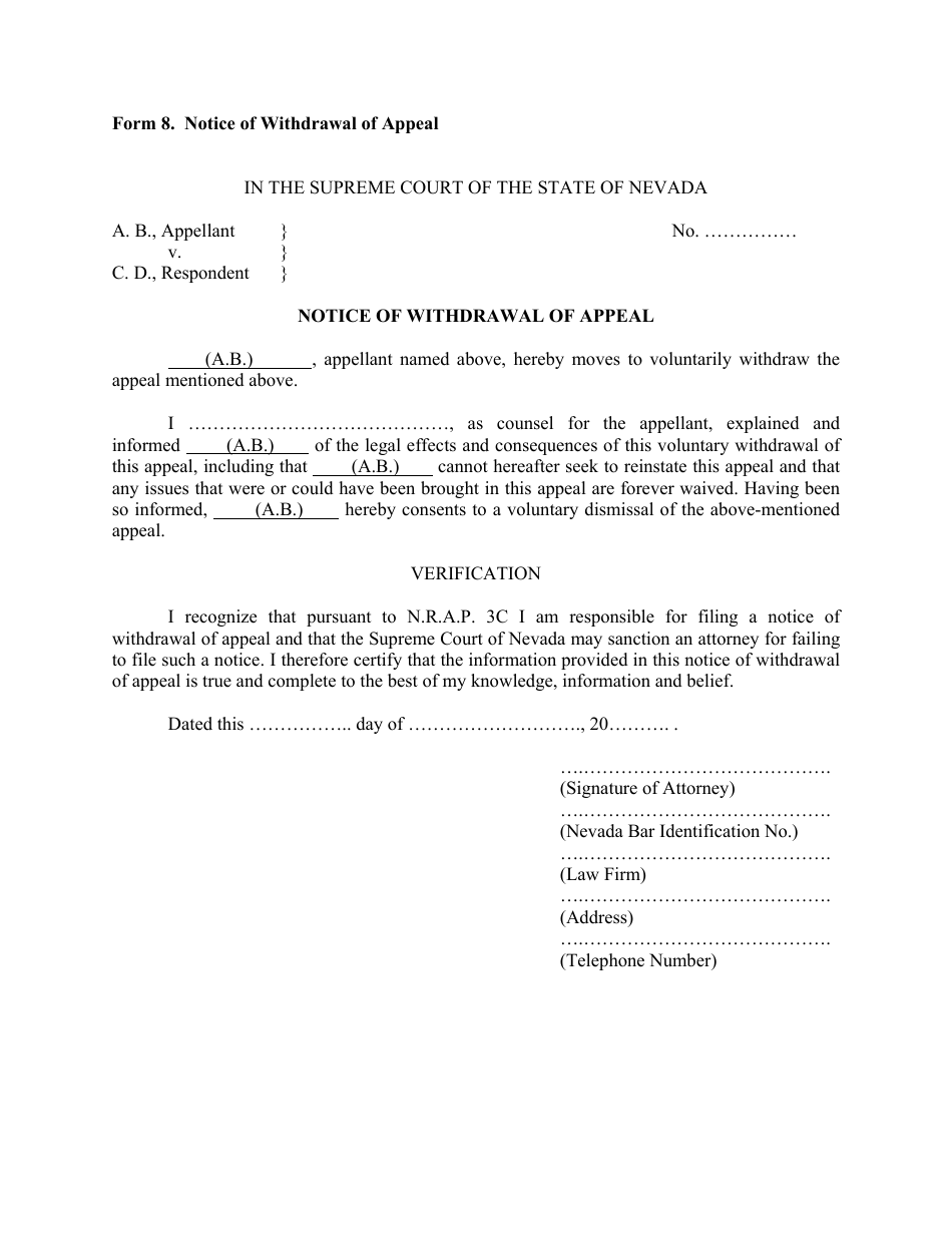Form 8 Notice of Withdrawal of Appeal - Nevada, Page 1