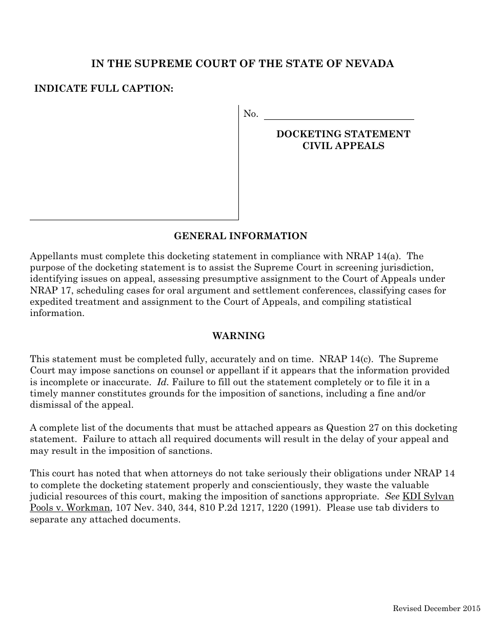 Docketing Statement - Civil Appeals Form - Nevada, Page 1