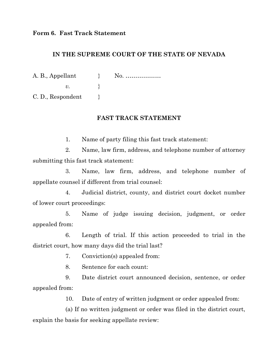 Form 6 Fast Track Statement - Nevada, Page 1