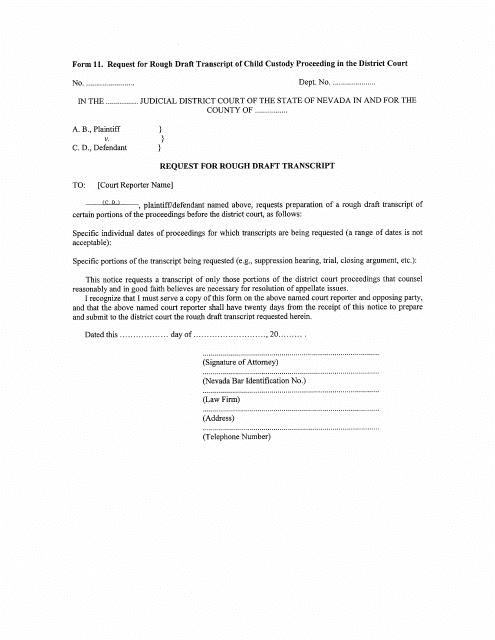 Form 11 Request for Rough Draft Transcript of Child Custody Proceeding in the District Court - Nevada