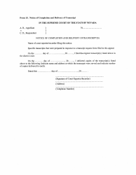 Form 15 &quot;Notice of Completion and Delivery of Transcript&quot; - Nevada