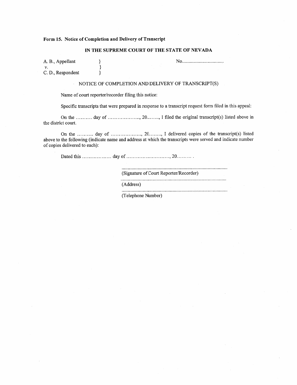 Form 15 Notice of Completion and Delivery of Transcript - Nevada, Page 1
