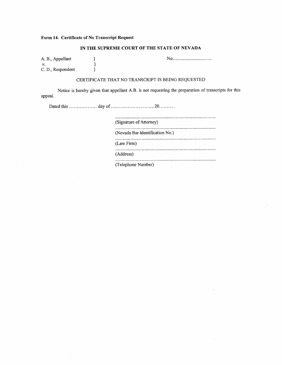 Form 14 Certificate of No Transcript Request - Nevada, Page 1