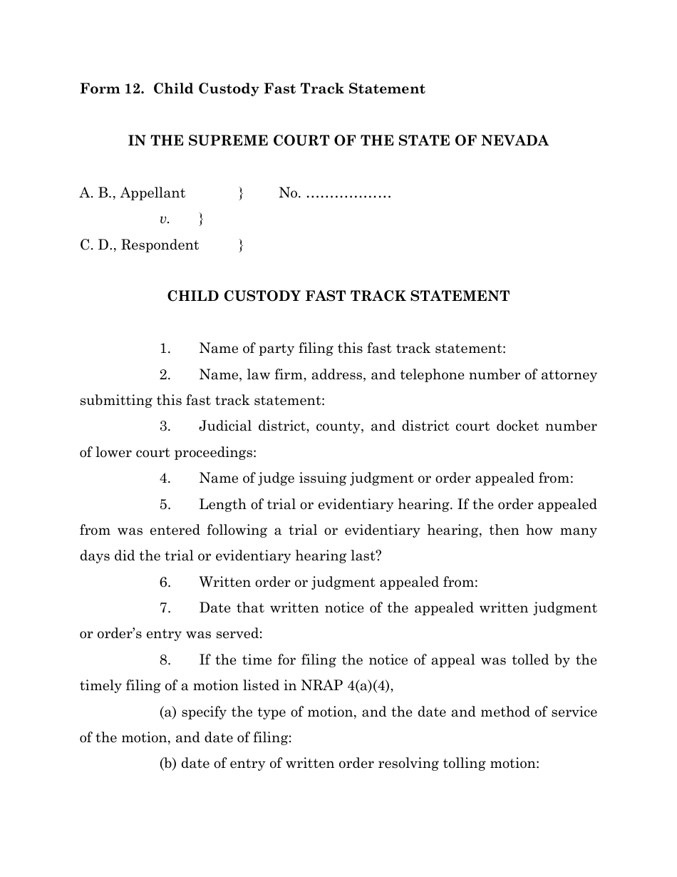 Form 12 Child Custody Fast Track Statement - Nevada, Page 1