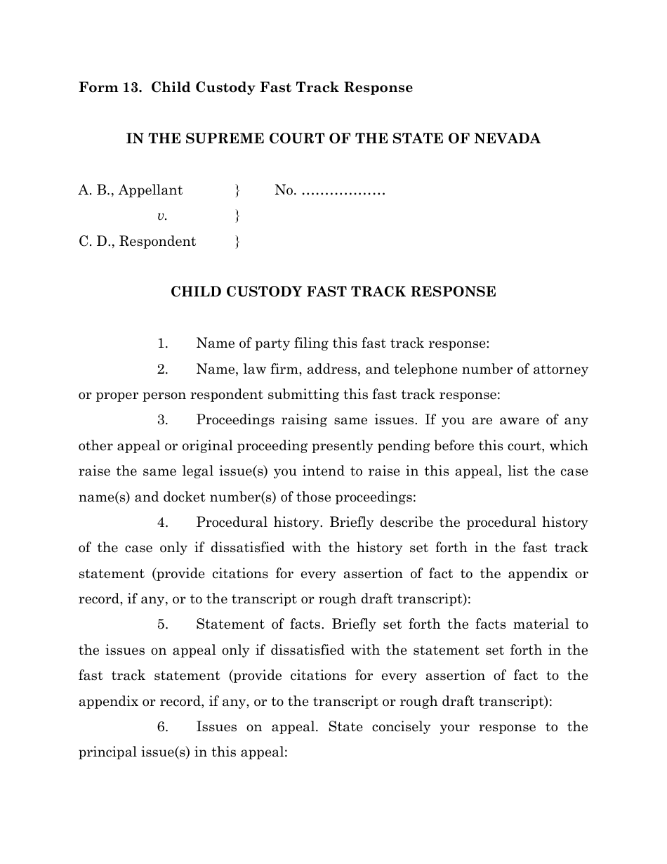 Form 13 Child Custody Fast Track Response - Nevada, Page 1