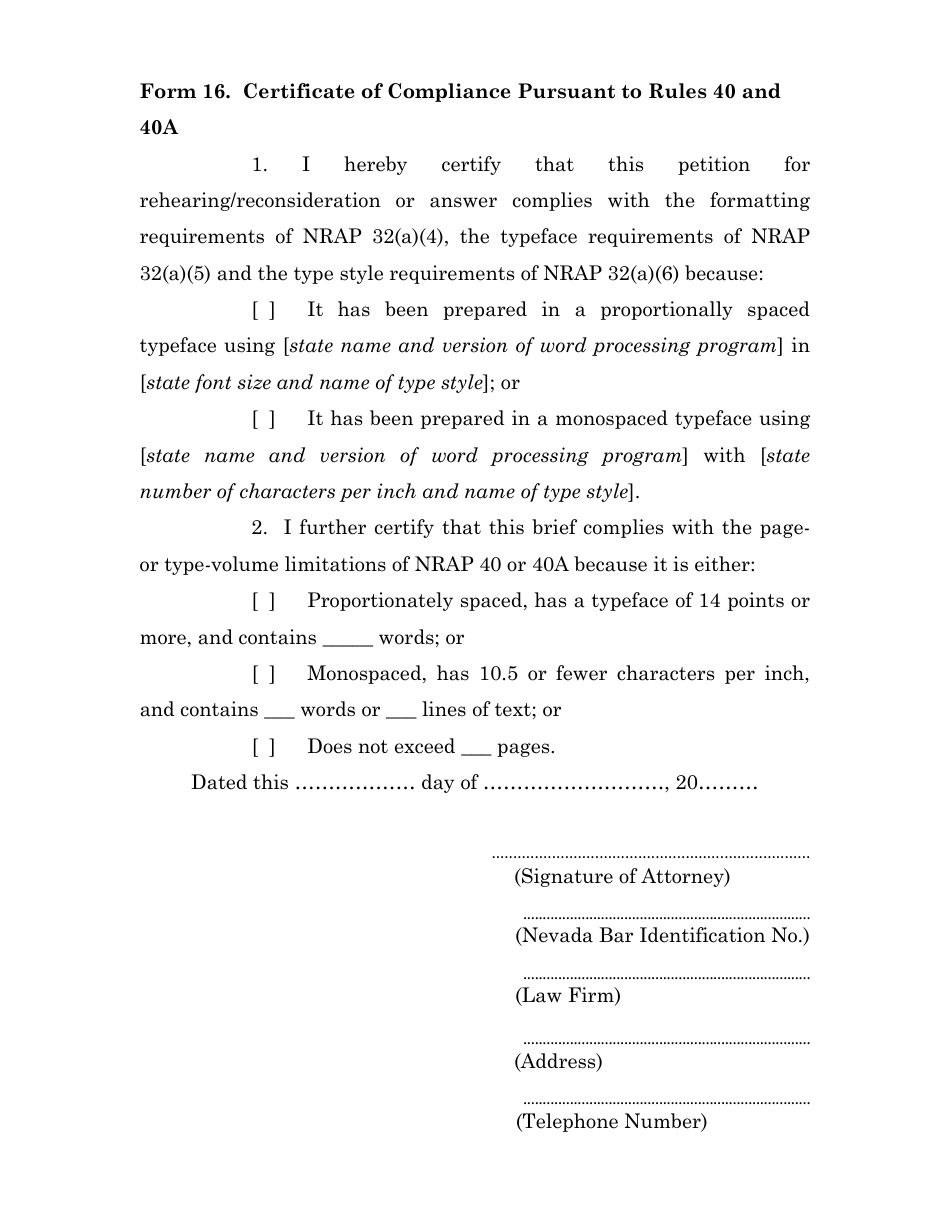 Form 16 Certificate of Compliance Pursuant to Rules 40 and 40a - Nevada, Page 1