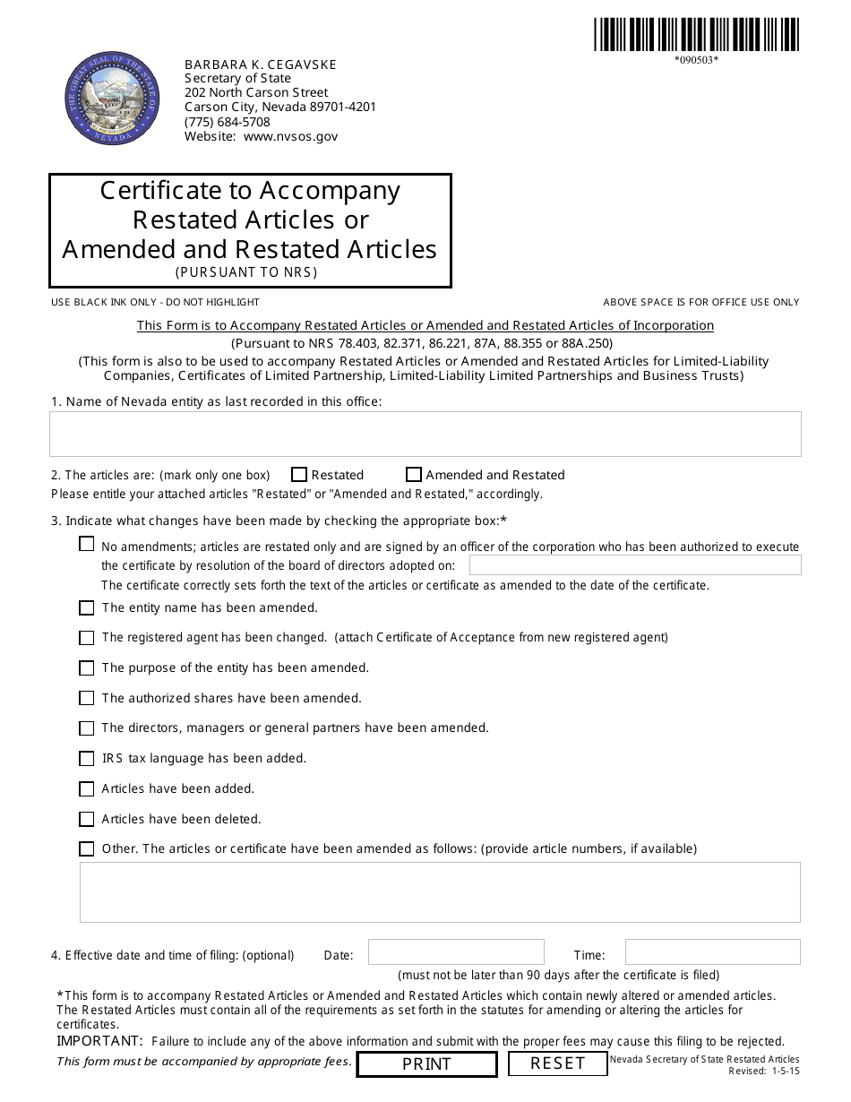 Form 090503 Certificate to Accompany Restated Articles or Amended and Restated Articles - Nevada, Page 1