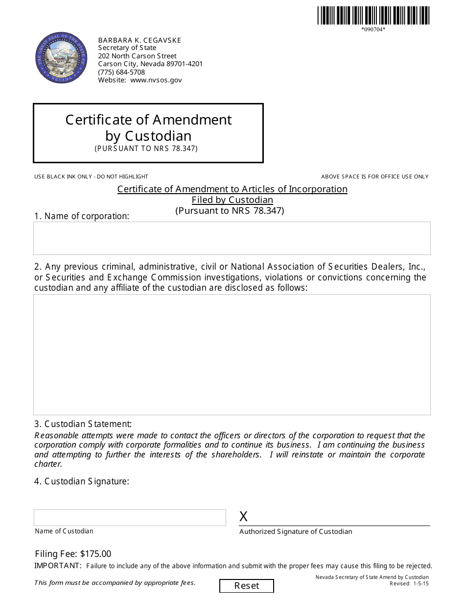 Form 090704 Certificate of Amendment by Custodian (Pursuant to Nrs 78.347) - Nevada, Page 1