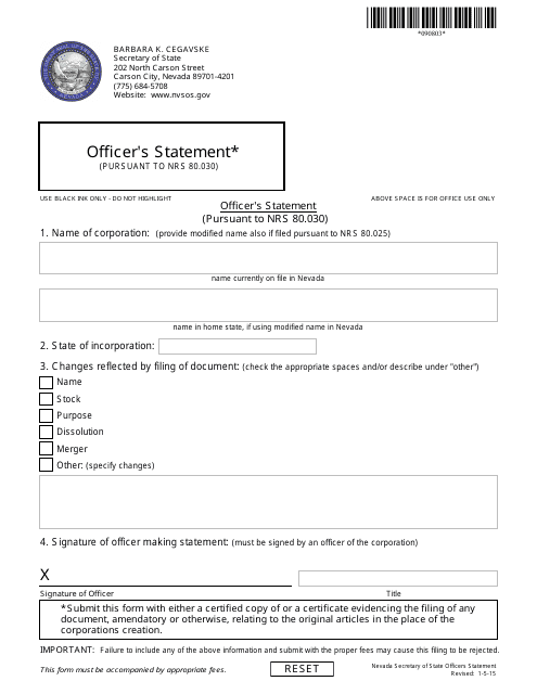Form 090803 Officer&#039;s Statement (Pursuant to Nrs 80.030) - Nevada