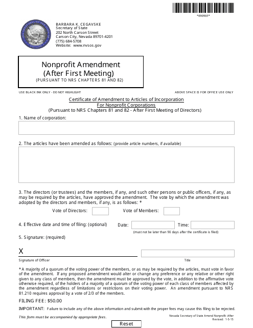 Form 090905 Certificate of Amendment to Articles of Incorporation for Nonprofit Corporations (Pursuant to Nrs Chapters 81 and 82 - After First Meeting of Directors) - Nevada
