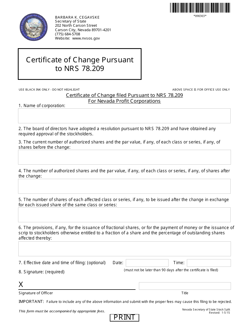 Form 090303 Certificate of Change Pursuant to Nrs 78.209 - Complete Packet - Nevada, Page 1