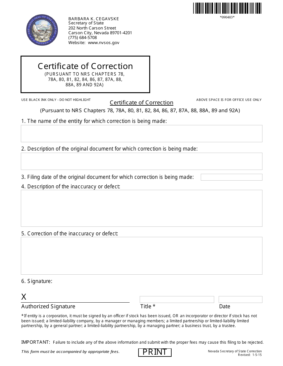 Form 090403 Certificate of Correction (Pursuant to Nrs Chapters 78, 78a, 80, 81, 82, 84, 86, 87, 87a, 88, 88a, 89 and 92a) - Complete Packet - Nevada, Page 1