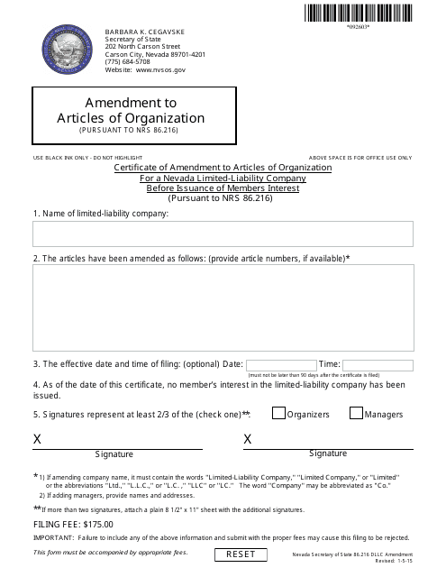 Form 092603 Certificate of Amendment to Articles of Organization for a Nevada Limited-Liability Company Before Issuance of Members Interest (Pursuant to Nrs 86.216) - Nevada