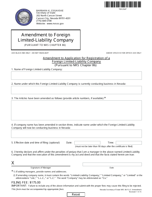 Form 091304 Amendment to Application for Registration of a Foreign Limited-Liability Company (Pursuant to Nrs Chapter 86) - Nevada