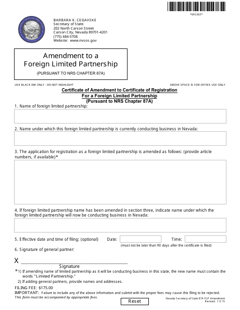 Form 091503 Certificate of Amendment to Certificate of Registration Form for a Foreign Limited Partnership (Pursuant to Nrs Chapter 87a) - Nevada