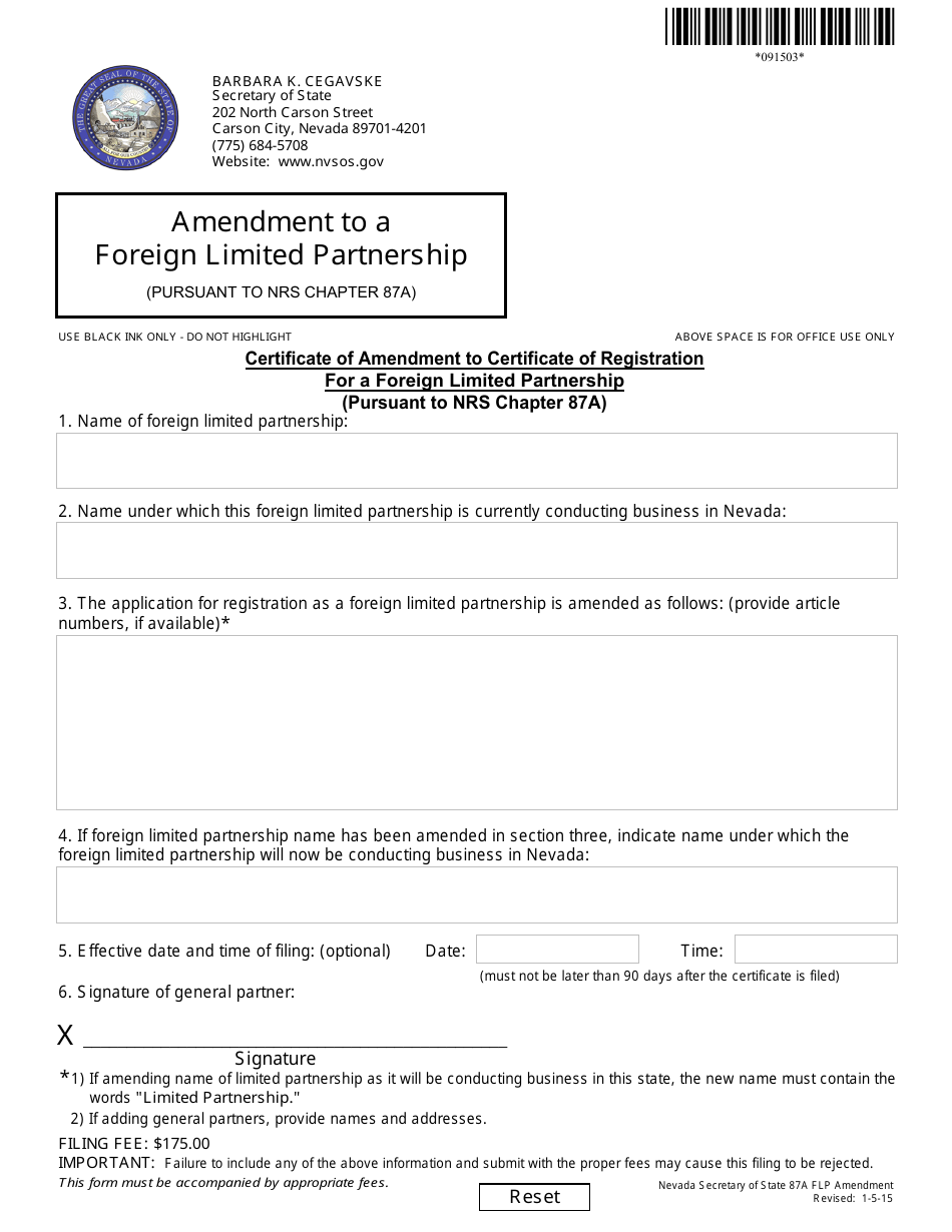 Form 091503 Certificate of Amendment to Certificate of Registration Form for a Foreign Limited Partnership (Pursuant to Nrs Chapter 87a) - Nevada, Page 1