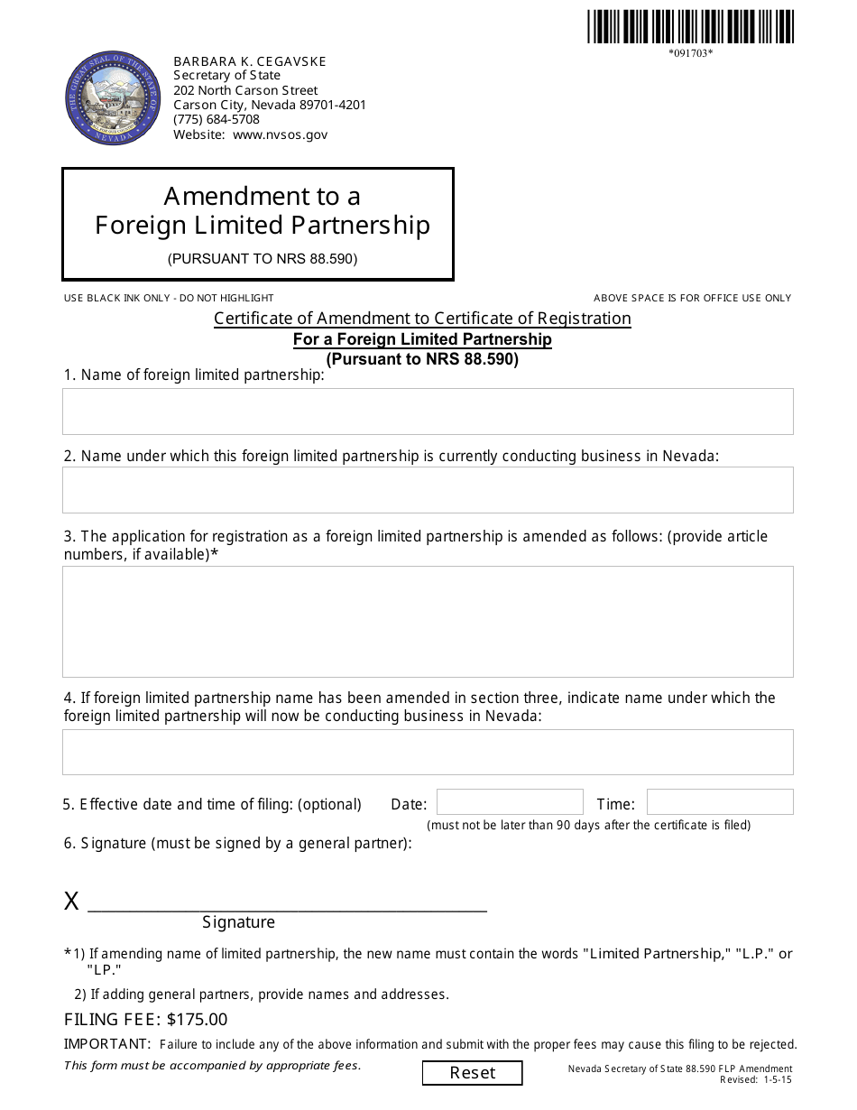Form 091703 Certificate of Amendment to Certificate of Registration for a Foreign Limited Partnership (Pursuant to Nrs 88.590) - Nevada, Page 1