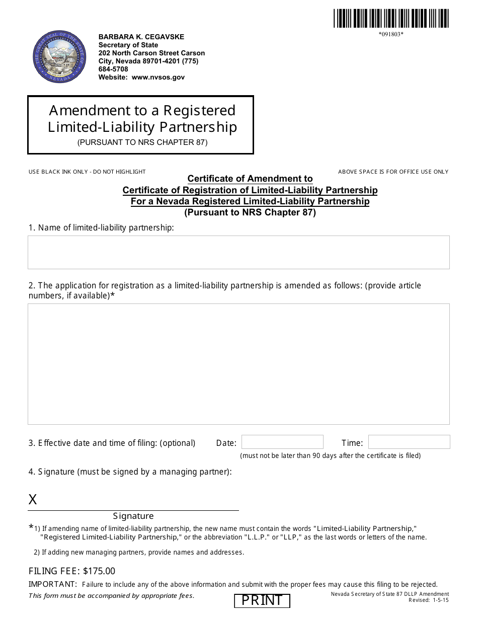 Form 091803 Amendment to a Registered Limited-Liability Partnership (Pursuant to Nrs Chapter 87) - Complete Packet - Nevada, Page 1