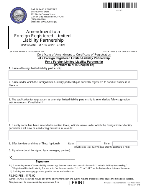 Form 091903 Amendment to a Foreign Registered Limited-Liability Partnership (Pursuant to Nrs Chapter 87) - Complete Packet - Nevada