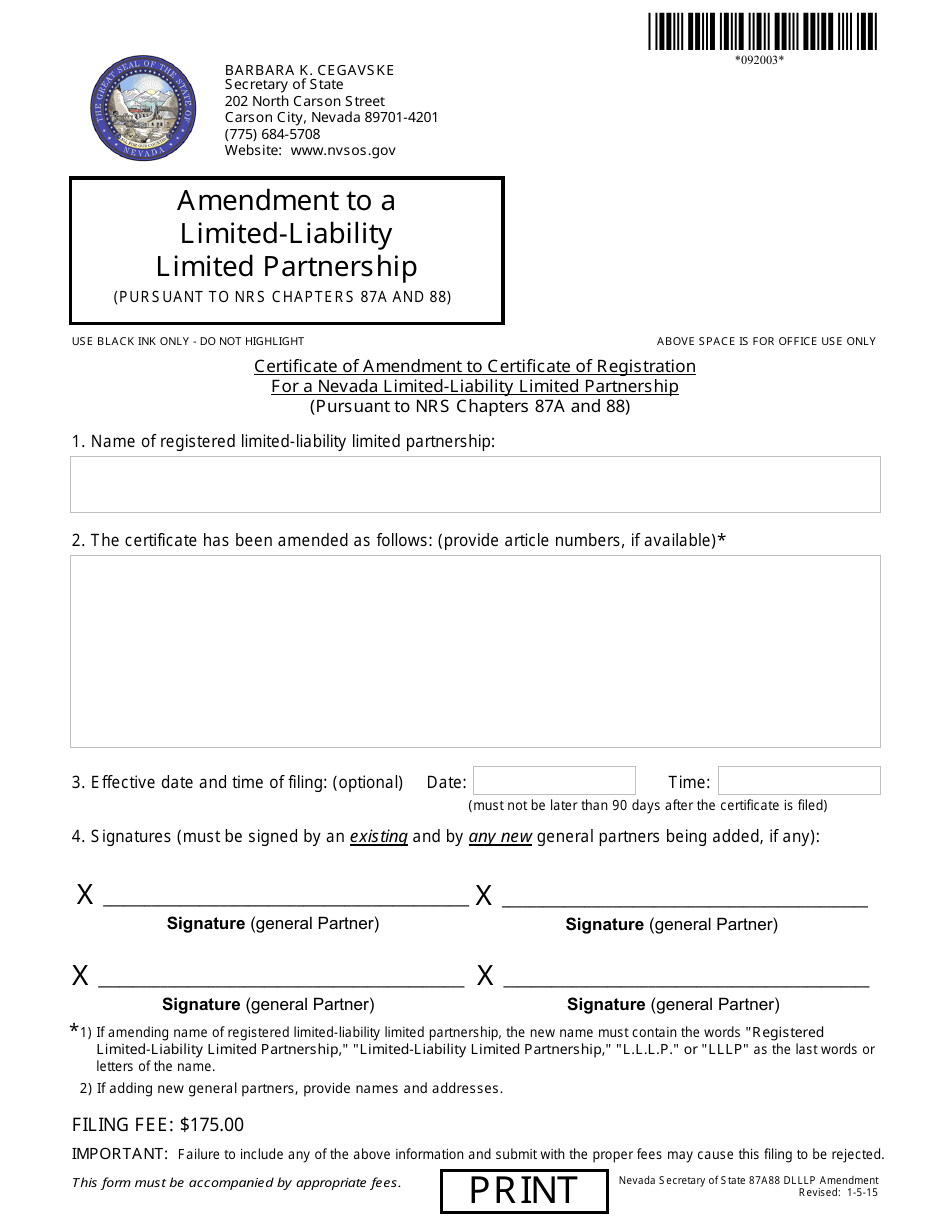 Form 092003 Certificate of Amendment to Certificate of Registration for a Nevada Limited-Liability Limited Partnership (Pursuant to Nrs Chapters 87a and 88) - Complete Packet - Nevada, Page 1