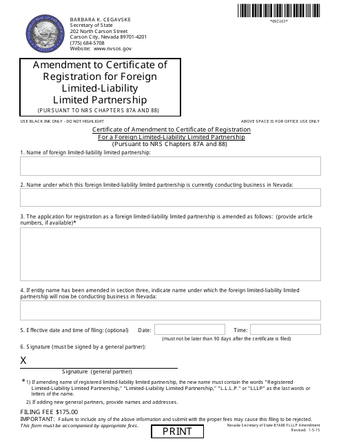 Form 092103 Amendment to Certificate of Registration for Foreign Limited-Liability Limited Partnership (Pursuant to Nrs Chapters 87a and 88) - Complete Packet - Nevada