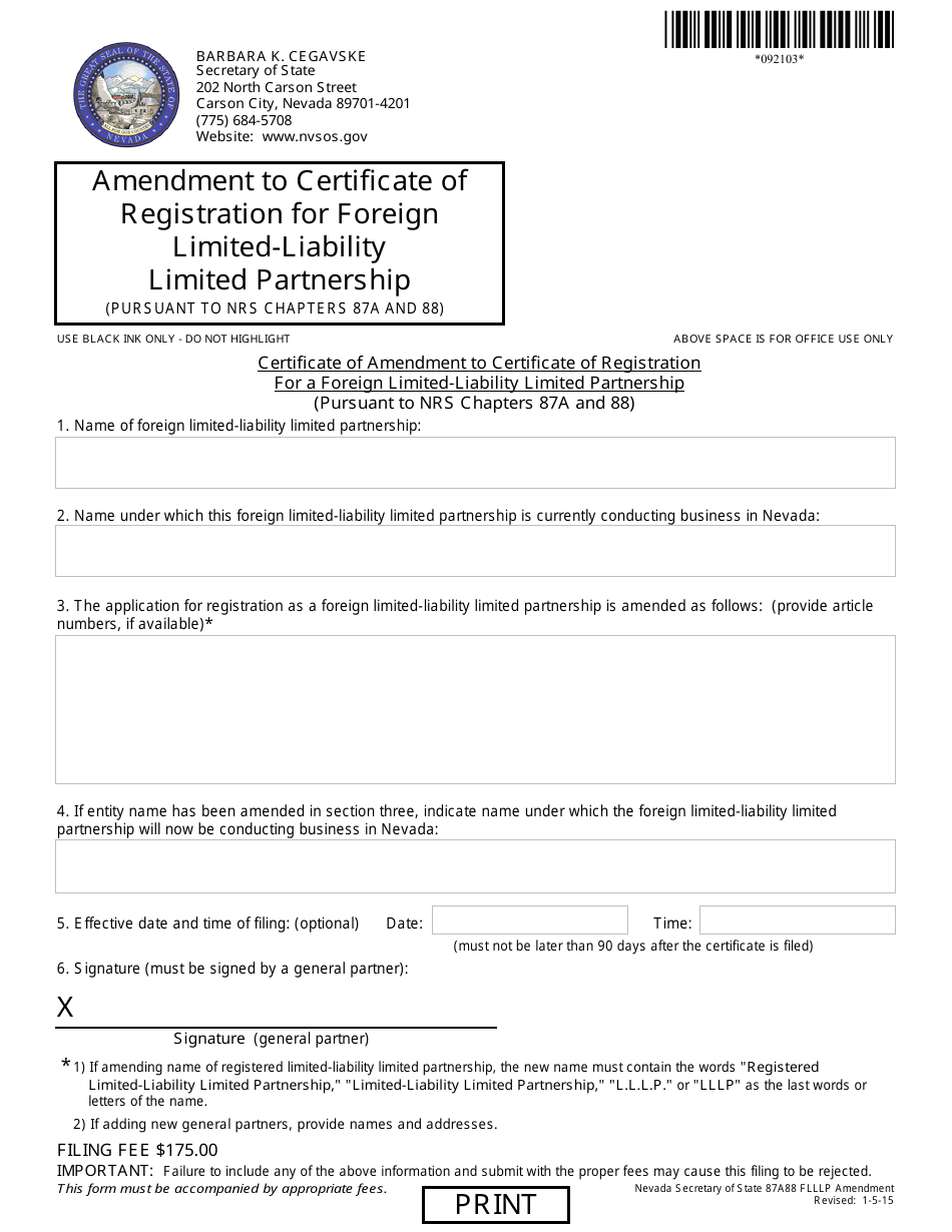Form 092103 Certificate of Amendment to Certificate of Registration for a Foreign Limited-Liability Limited Partnership (Pursuant to Nrs Chapters 87a and 88) - Complete Packet - Nevada, Page 1