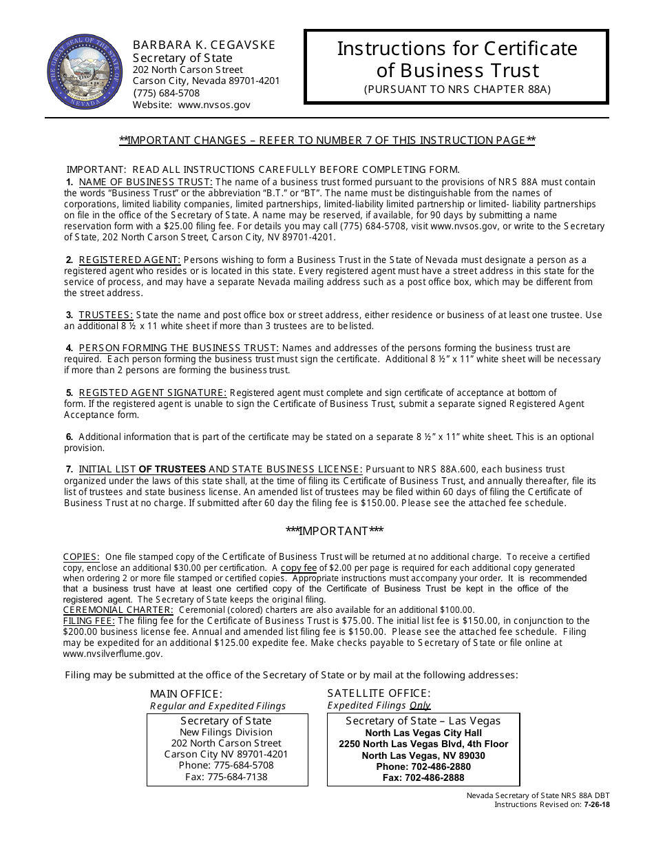 Form 030103 Certificate of Business Trust (Nrs Chapter 88a) - Complete Packet - Nevada, Page 1