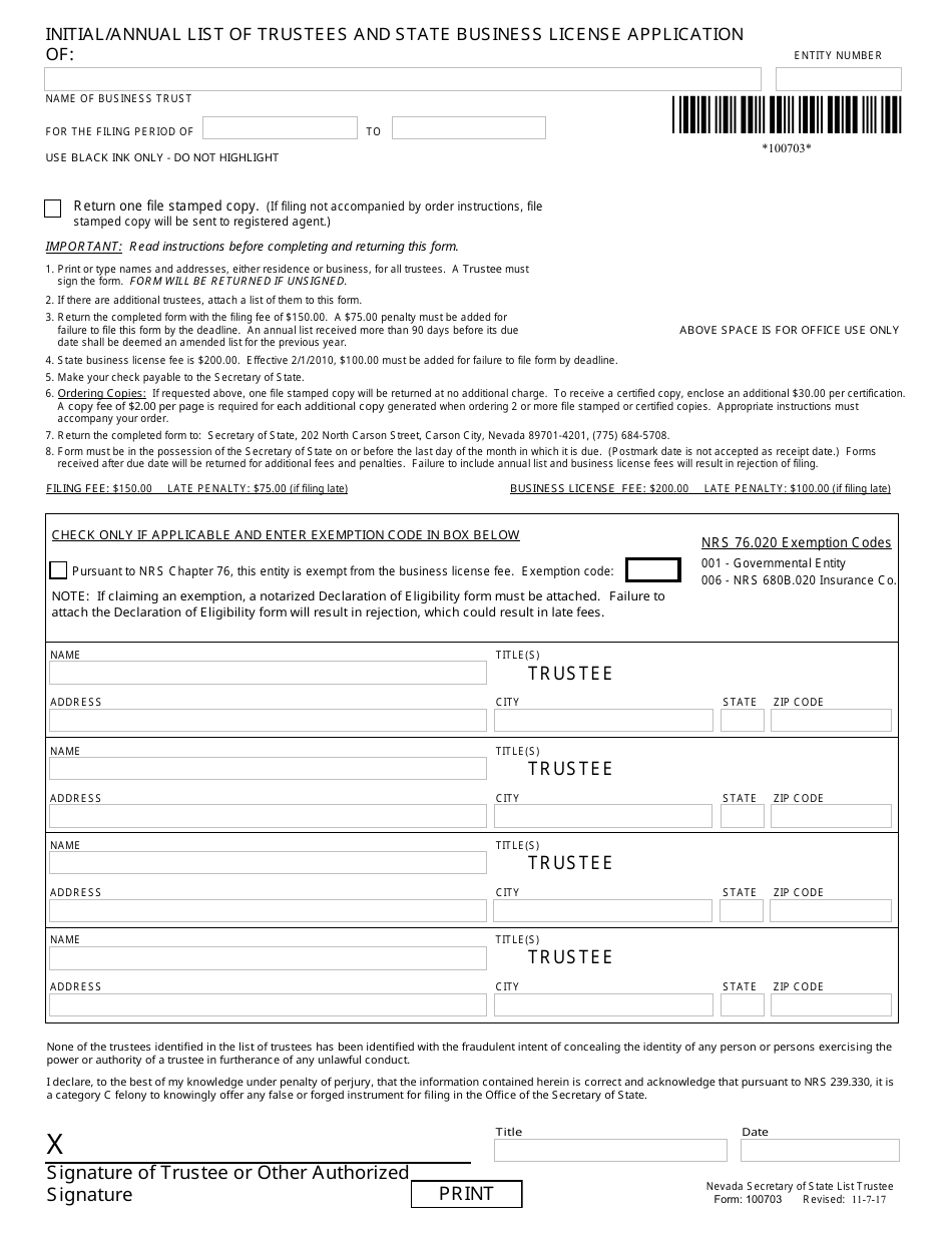 Form 030103 Certificate of Business Trust (Nrs Chapter 88a) - Complete Packet - Nevada, Page 3