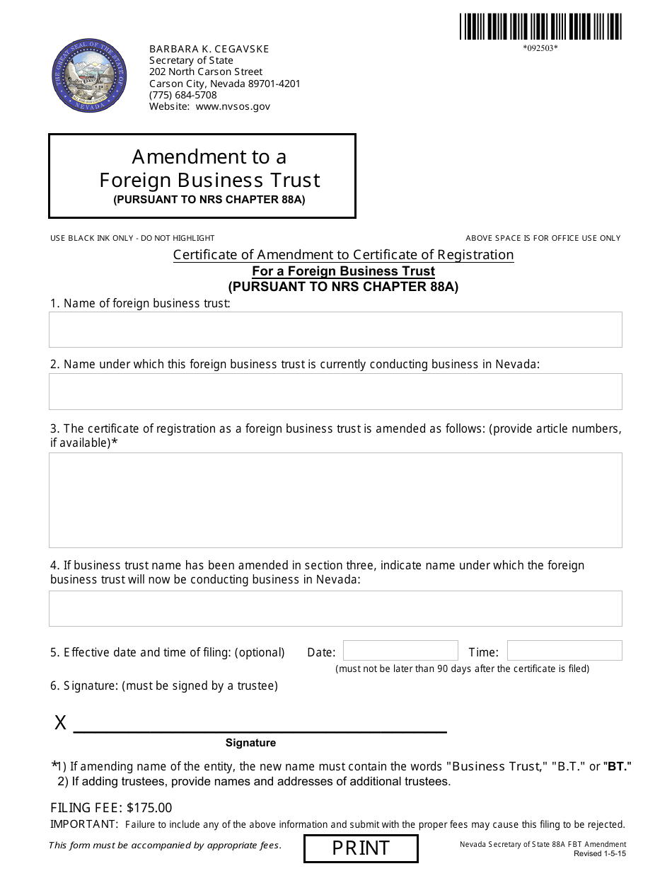 Form 092503 Certificate of Amendment to Certificate of Registration for a Foreign Business Trust (Pursuant to Nrs Chapter 88a) - Complete Packet - Nevada, Page 1