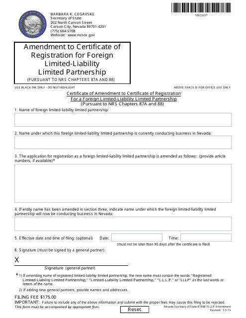 Form 092103 Certificate of Amendment to Certificate of Registration for a Foreign Limited-Liability Limited Partnership (Pursuant to Nrs Chapters 87a and 88) - Nevada