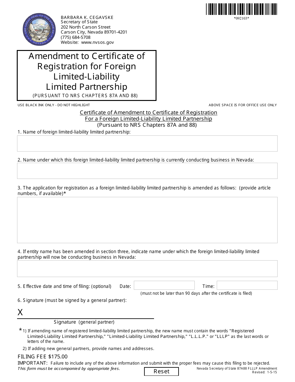 Form Download Fillable Pdf Or Fill Online Certificate Of Amendment To Certificate Of Registration For A Foreign Limited Liability Limited Partnership Pursuant To Nrs Chapters 87a And Nevada Templateroller