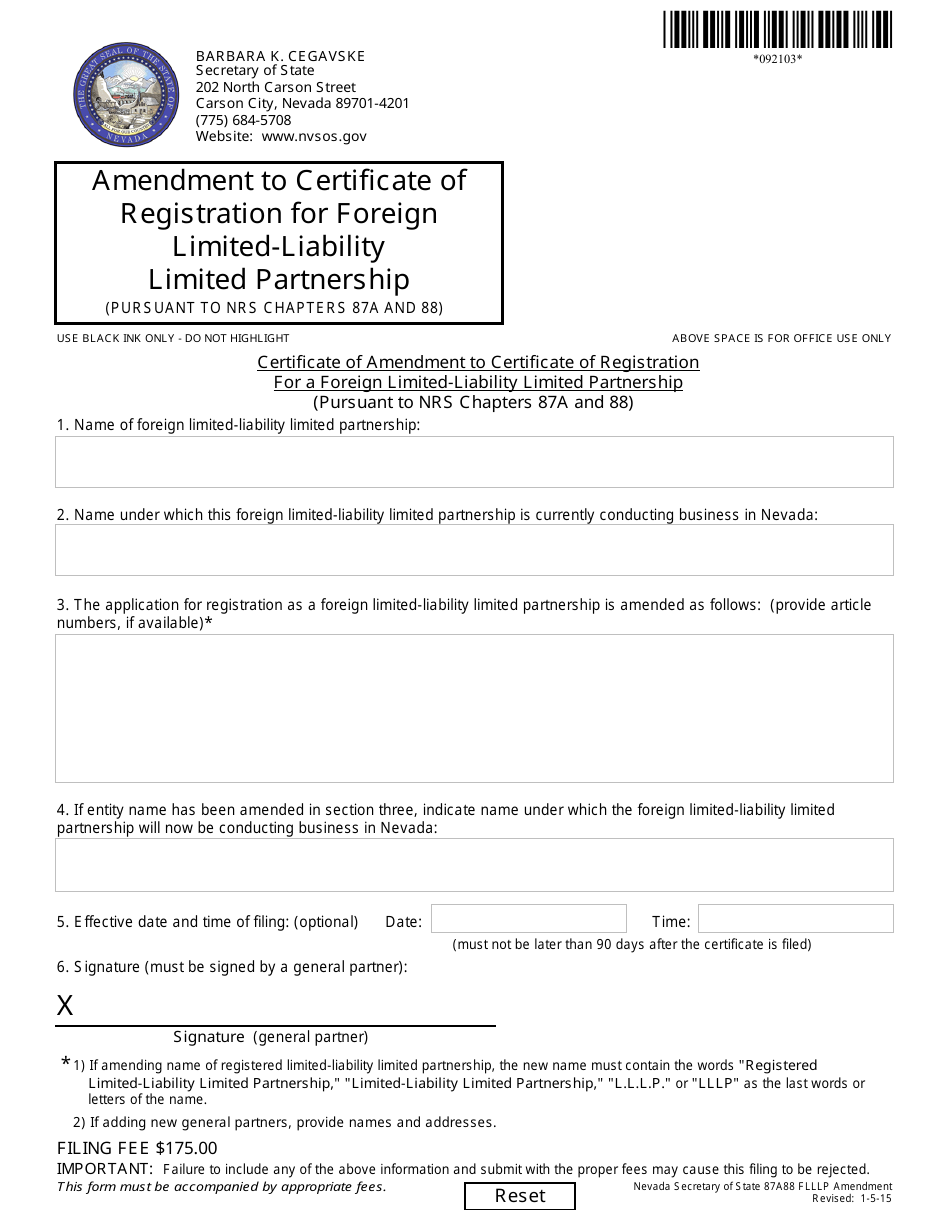Form 092103 Certificate of Amendment to Certificate of Registration for a Foreign Limited-Liability Limited Partnership (Pursuant to Nrs Chapters 87a and 88) - Nevada, Page 1
