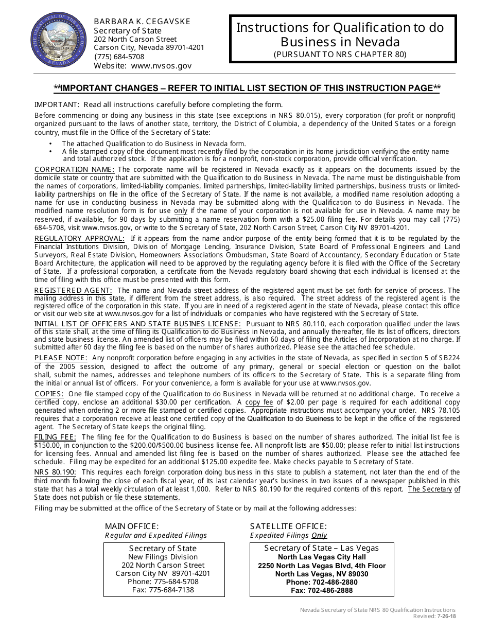 Form 040203 Foreign Corporation Filing (Nrs Chapter 80) - Complete Packet - Nevada, Page 1