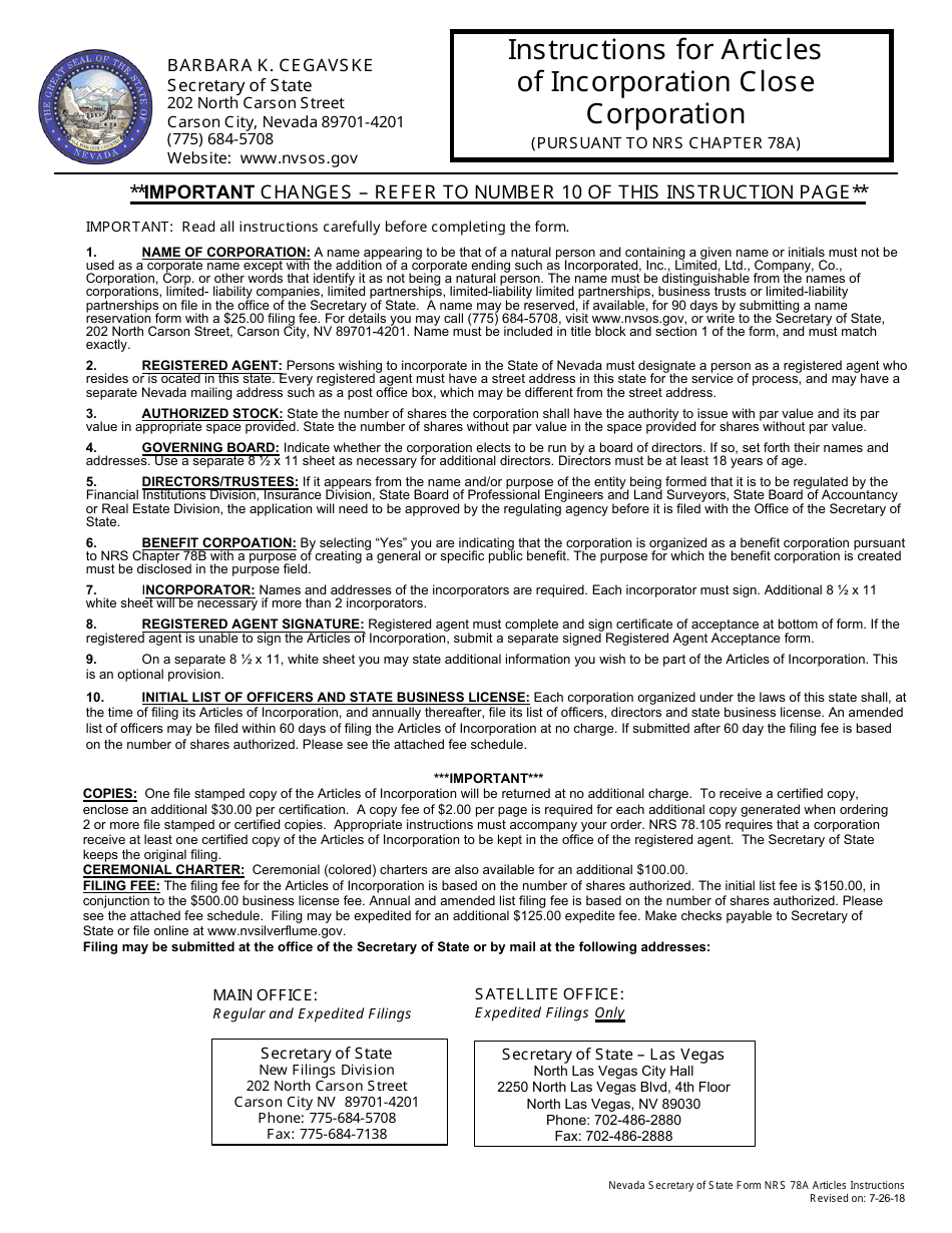 Form 040304 Close Corporation Filing (Nrs Chapter 78a) - Complete Packet - Nevada, Page 1