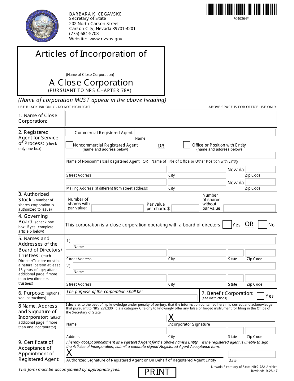 Form 040304 Close Corporation Filing (Nrs Chapter 78a) - Complete Packet - Nevada, Page 2