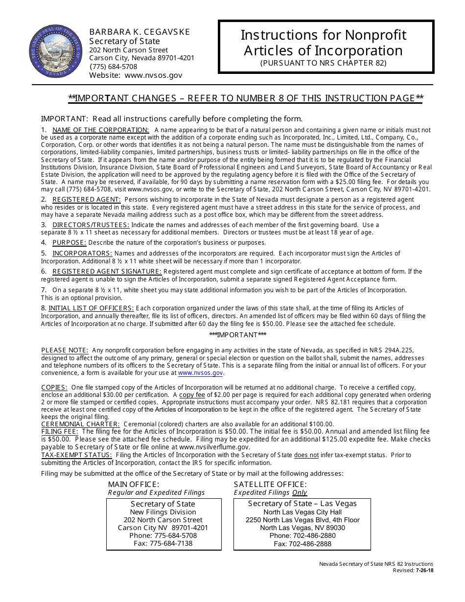 Form 040604 Nonprofit Corporation (Nrs 82) - Complete Packet - Nevada, Page 1