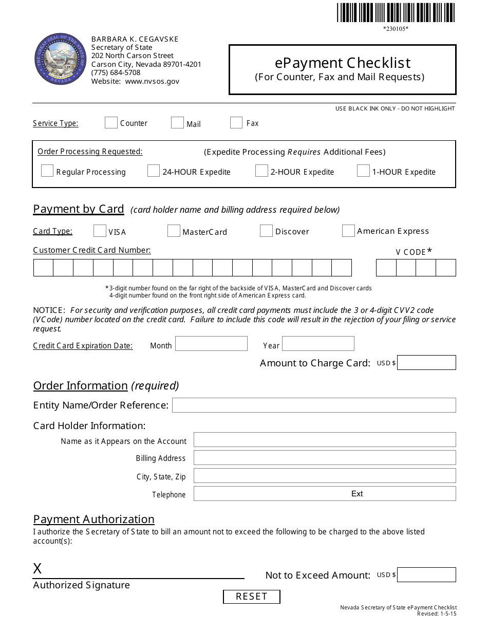 Form 230105 Epayment Checklist (For Counter, Fax and Mail Requests) - Nevada, Page 1